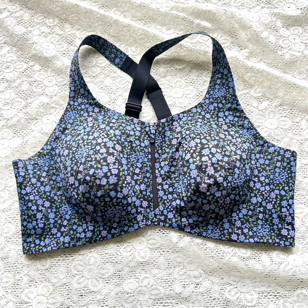 Knix Women's High Support Catalyst Front Zip Sports Bra Blue Floral size 8